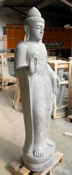 Product image 3 of the product “Standing Buddha with floral carving, Abudaya position. 50 x 32 x 178cm. Natural stone (river stone), stonemasonry ”
